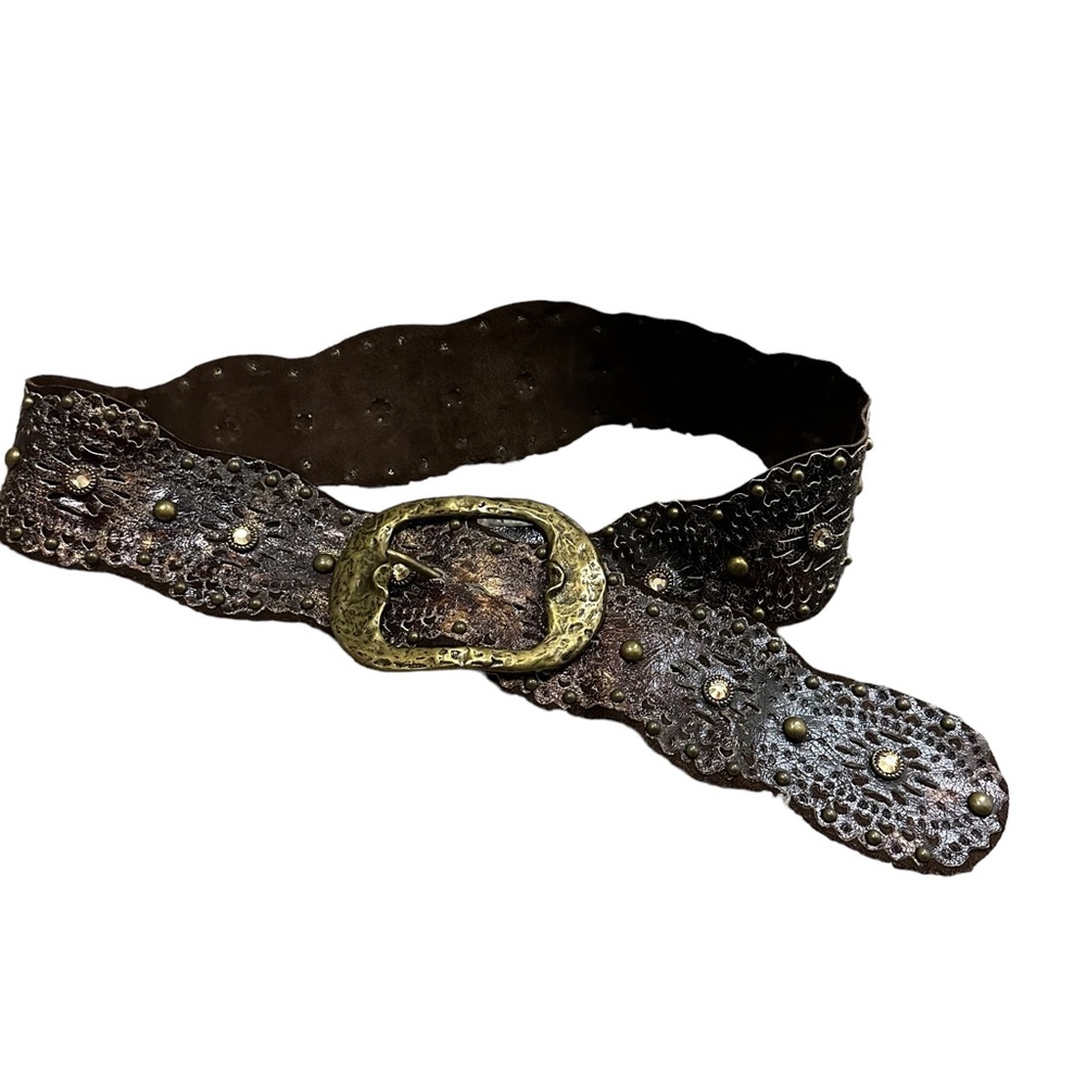 Leatherock Studded Rhinestones Large Brass Buckle Western Made in Italy Unisex!!